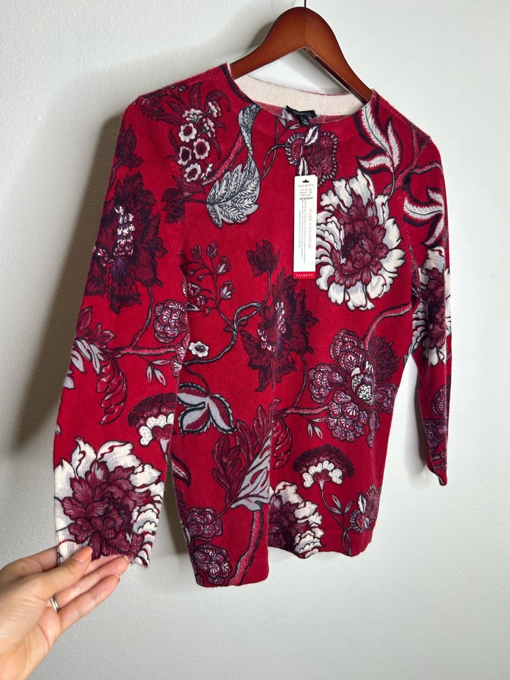 NWT Talbots 100% Cashmere Red Paisley Floral Printed Audrey Crew Neck Sweater